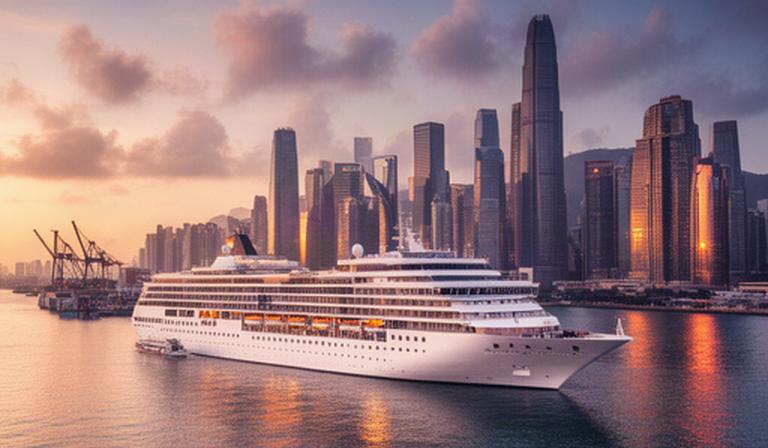 Modernes Kreuzfahrtschiff vor einer asiatischen Hafenmetropole bei warmem Abendlicht