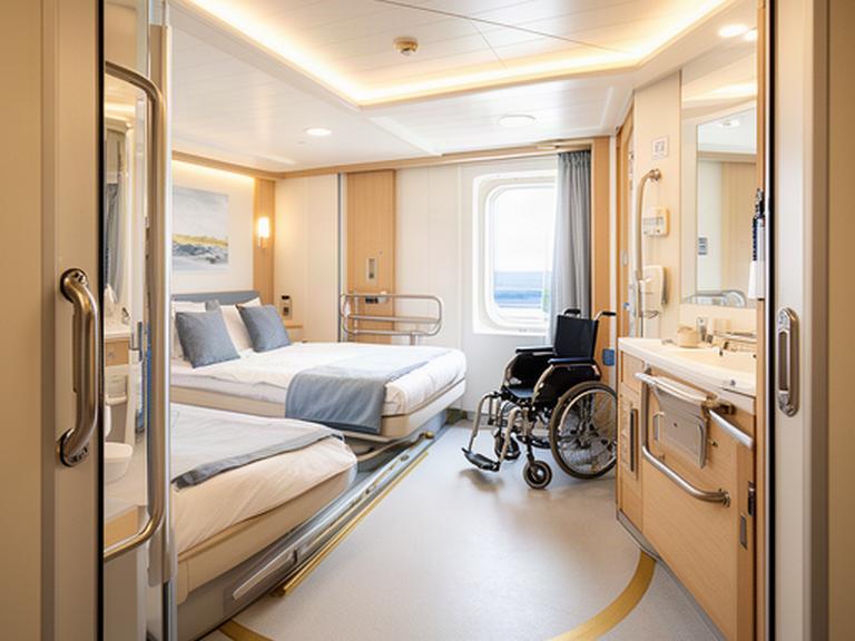 Helle rollstuhlgerechte Kabine auf einem Kreuzfahrtschiff mit breiter Tür und angepasstem Bad