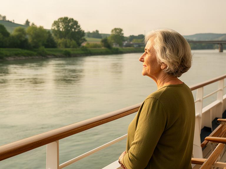 Seniorin betrachtet eine ruhige Donauuferlandschaft vom Deck eines Flussschiffs