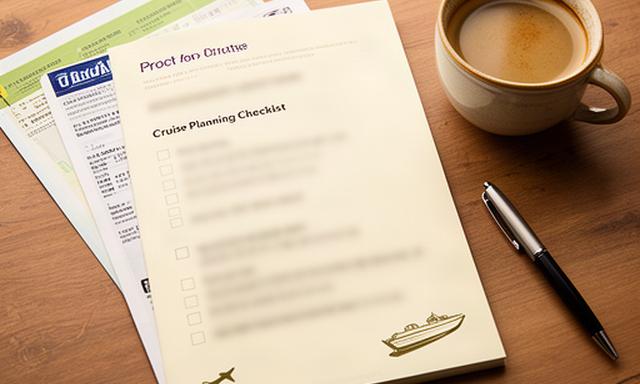 Reiseunterlagen und handschriftliche Kreuzfahrt-Checkliste auf einem Tisch neben einer Tasse Kaffee