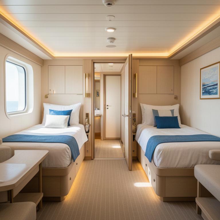 Helle Familienkabine auf einem Kreuzfahrtschiff mit getrennten Schlafbereichen und Verbindungstür