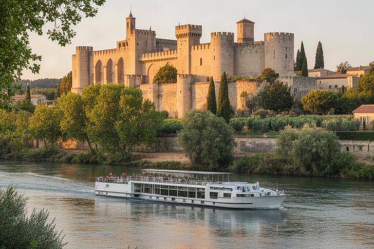 Rhoneufer bei Avignon mit dem Papstpalast, mediterraner Vegetation und einem kleinen Flusskreuzfahrtschiff