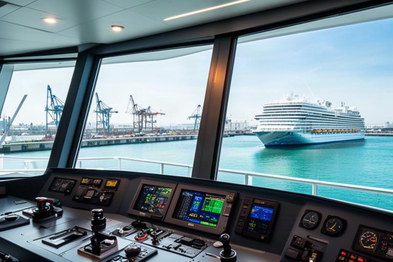 Moderne Reedereibrücke mit Blick auf ein Kreuzfahrtschiff im Hafen