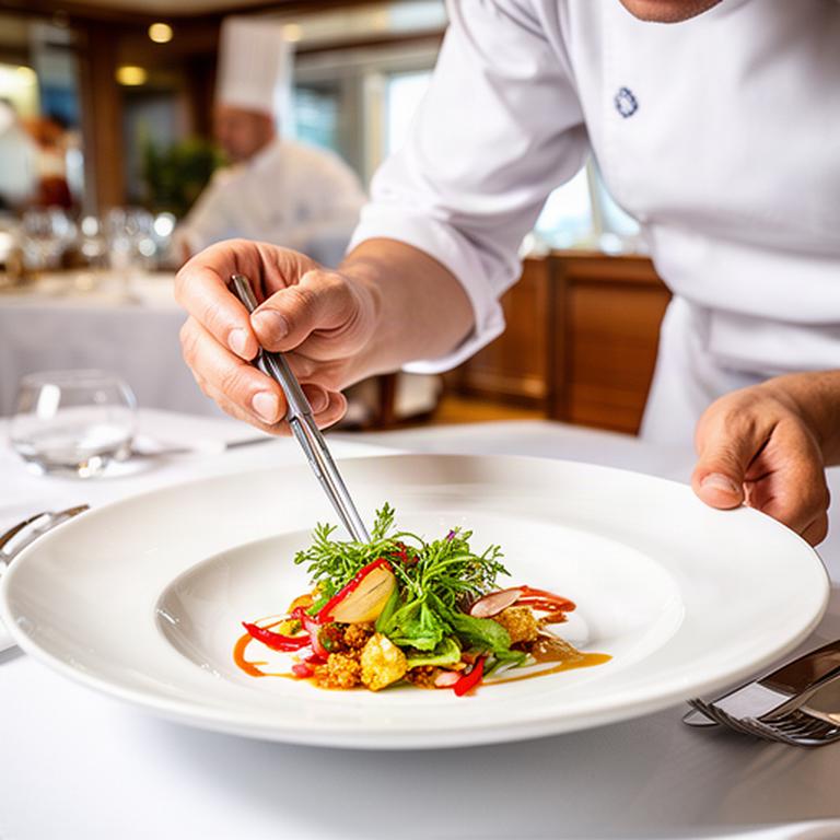 Chefkoch richtet ein Gourmetgericht in einem hellen Spezialitätenrestaurant an Bord an