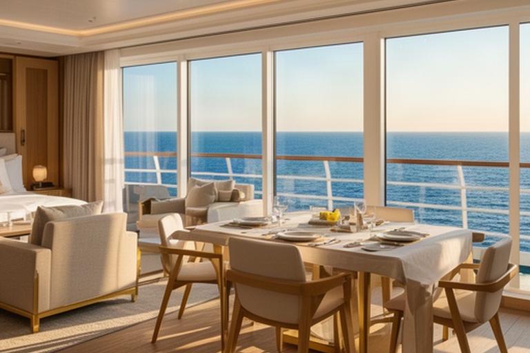 Grand Suite mit bodentiefen Fenstern, Esstisch und Sonnenlicht über dem Meer