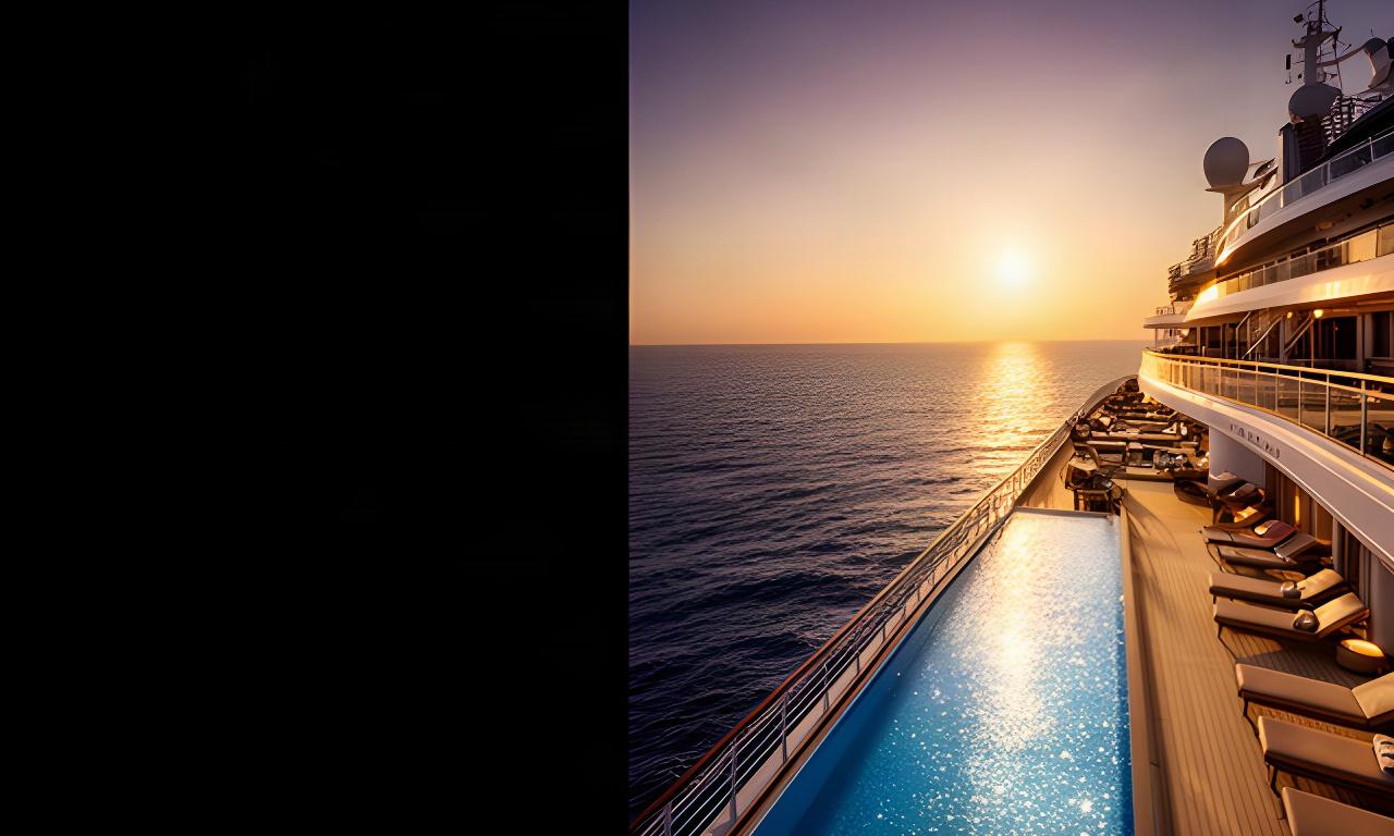 Infinity-Pool auf dem Oberdeck eines eleganten Kreuzfahrtschiffs bei Sonnenuntergang