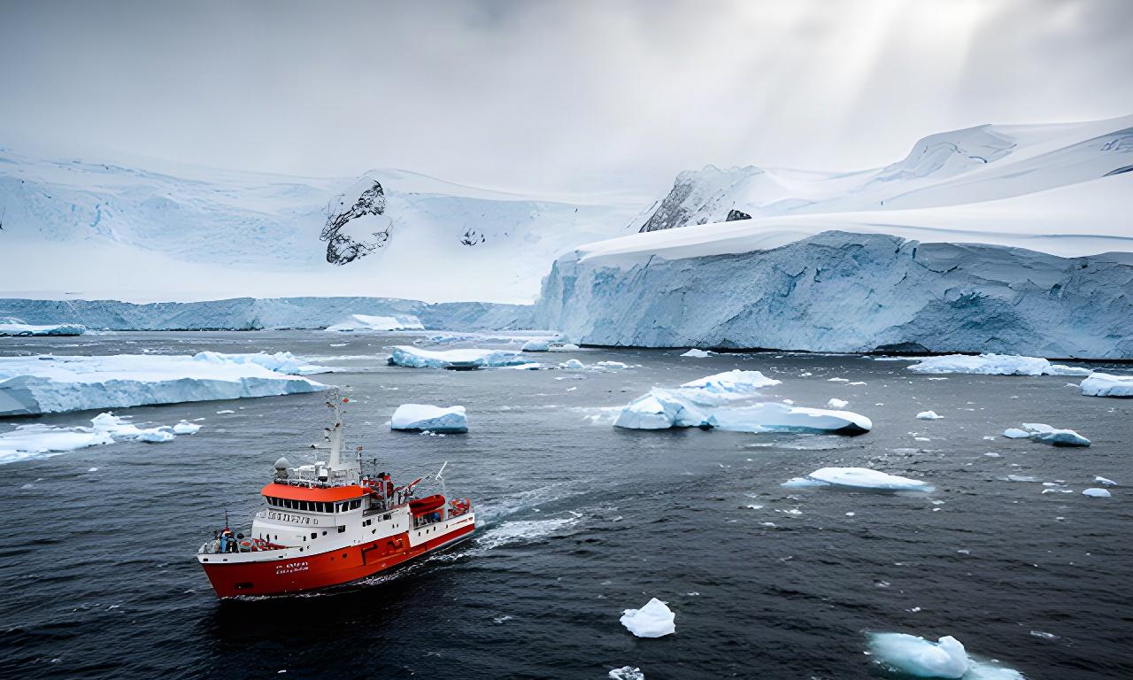 Kleines Expeditionsschiff vor einer weiten Eislandschaft in der Antarktis