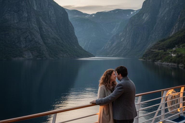 Paar an der Reling eines Kreuzfahrtschiffs vor norwegischen Fjorden im Abendlicht